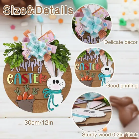 Easter Wreaths for Front Door,Easter Door Wooden Hanging Sign Happy Bunny Wreath Porch with Bow Decoration,Bunny Rabbit Spring Decorations for Home Decor (Pink) {2}