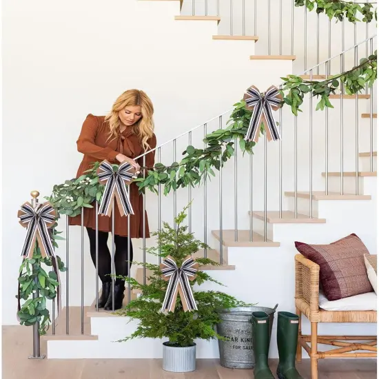 2 Pcs 20 x 10 Inch Large Double Burlap Bows Black and White Farmhouse Striped Wreaths Bow for Gift Wrapping Tree Topper Front Door Home Decorations {3}