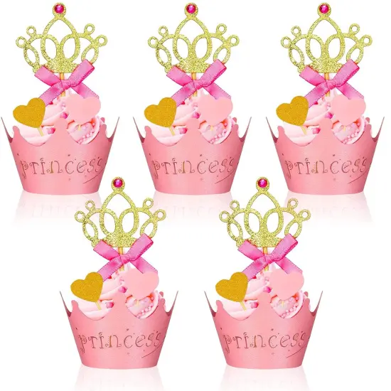 72 Pieces Glittery Princess Cupcake Toppers Crown Wrapper Holder Pink Gold Crown Tiara Pick Glitter Heart Cupcake Topper Baby Shower Decoration for Birthday Wedding Party Decor {1}