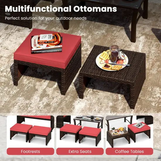 2 Piece Mix Brown Rattan Ottoman Footstool with Cushions, Metal Frame and 400 lbs Capacity Red {5}