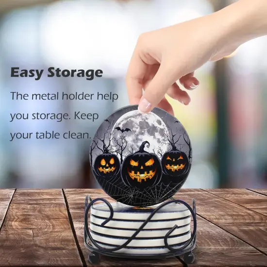 Halloween Black Round Drink Coasters Set of 6 with Holder {5}