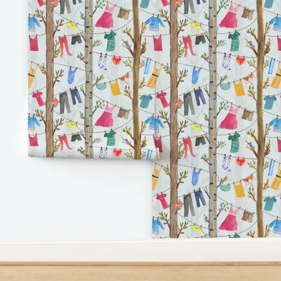 Pre-Pasted Wallpaper 2FT Wide Whimsical Laundry Clothes Trees Clothesline Room Dress Shorts Shirt Bathing Suit Colorful Stockings Playful Home Maker Socks Bikini Rustic Custom Pre-pasted Wallpaper by Spoonflower {2}