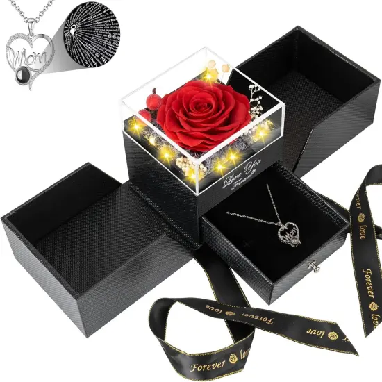 Preserved Red Real Roses with I Love You in 100 Languages Mom Necklace {1}
