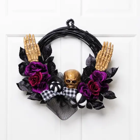 Northlight Skeleton with Glittered Roses Artificial Halloween Twig Wreath - 22" - Unlit Black {1}