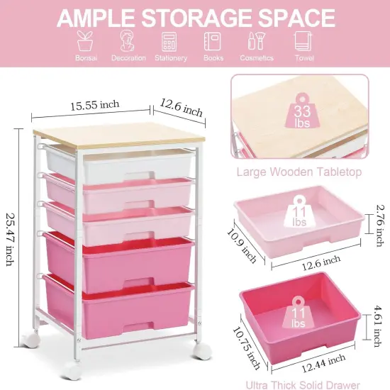 5 Drawers,Storage Drawer Cart with Wooden Tabletop and Lockable Wheels {3}