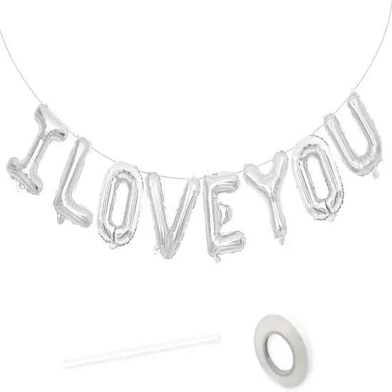 16 Inch I Love You Balloons Silver, I Love You Banner Letters {1}