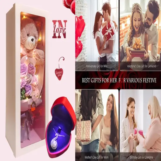 Preserved Rose Bouquet Flowers with Teddy Bear - PURPLE {2}