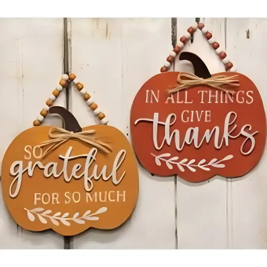 Wood Beaded Pumpkin Signs with Jute Hangers and Gratitude Text 2 Asstd. {2}