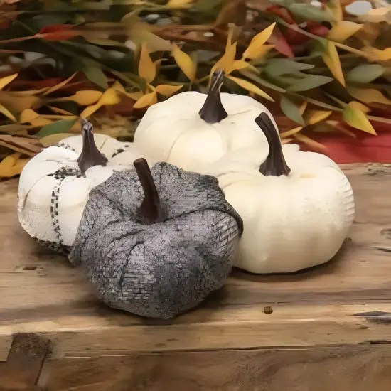 Fabric Pumpkin Set of 4 with Twisted Stems, Rustic Fall Decor {3}