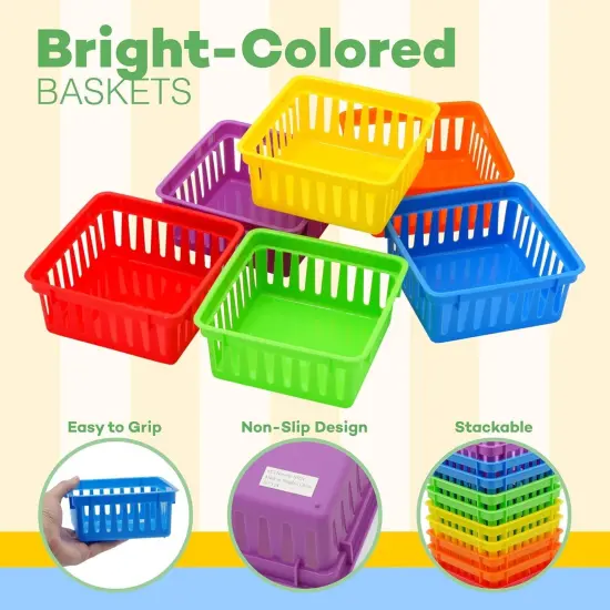 4E's Novelty 12 Pack Small Classroom Storage Baskets, Square 4.5" Sturdy Plastic Colorful Crayon & Pencil Container, Organizer Bins for Desk for Classrooms Supplies, Office, Toy Storage {4}