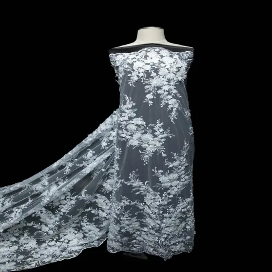 1 Yard Exquisite Embroidered Tulle Lace with Applique and 3D Design Fabric 52" Wide White {4}