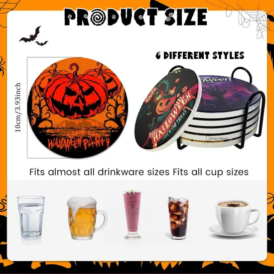 Set of 6 With Holder, Halloween Drink Coasters {2}