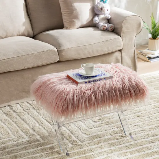 24.00"L/25.50"L Pink Faux Fur Acrylic Bench {5}