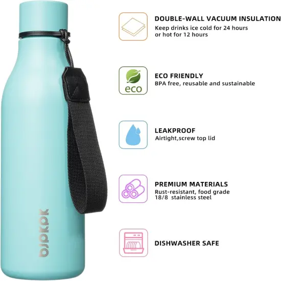 Stainless Steel Metal Water Bottle with Strap - Turquoise {3}
