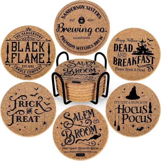 6Pcs Halloween Cork Coasters with Holder Hocus Pocus Round {1}
