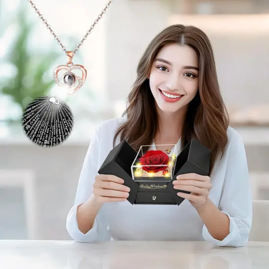 Light Up Preserved Red Rose Flower with Necklace {3}