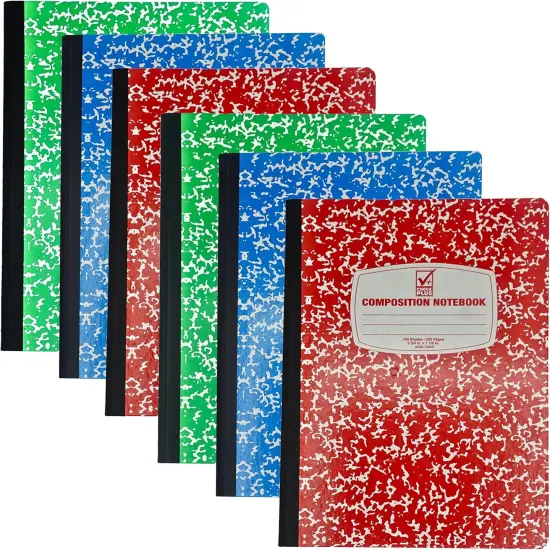 4E's Novelty Wide Ruled Composition Notebooks - Pack of 6- Hard Cover 100 Sheets 9.75" x 7.5" - Red Blue Green Cute Marble Colors, Bulk Compositon Book Wide Ruling, Back to School Supplies {1}