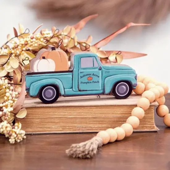 Blue Wooden Pickup Truck Autumn Pumpkin Patch Figurine Rustic Fall Home Decoration {2}