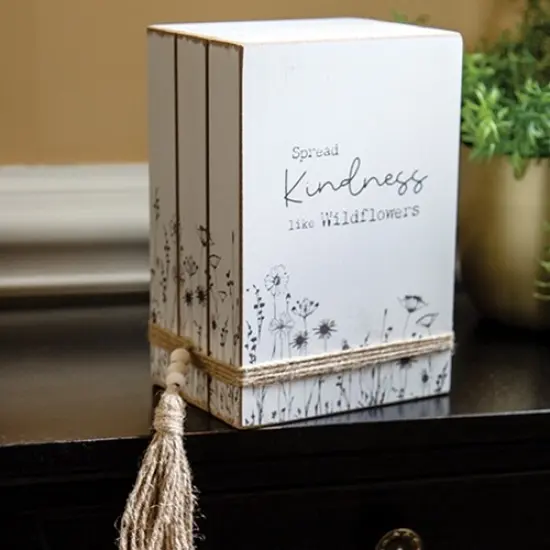 Spread Kindness Like Wildflowers Wooden Book Stack Distressed White Finish with Sketched Wildflowers {3}