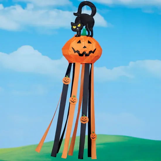 Collections Etc Halloween Pumpkin Cat Windsock with Streamers {1}