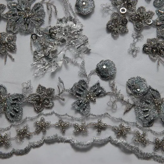 1 Yard ST Tulle Lace Fabric Embroidered Applique Beautiful 3D Floral Pattern 52/54" Wide Silver {2}