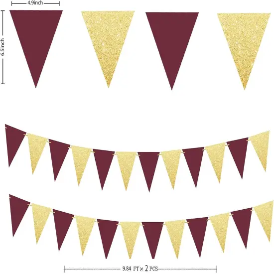 Graduation Decorations Maroon Gold 2025/Fall Bridal Shower/Burgundy Gold( 2pcs Triangle Banners) {5}