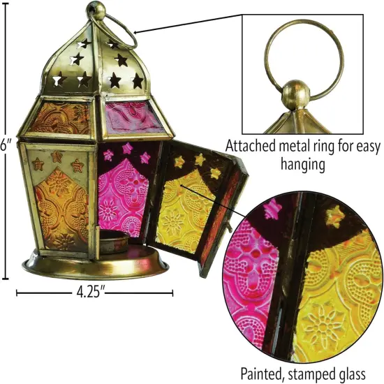 In the Breeze 9208 &mdash; Pink & Yellow Hex Tealight Lantern &mdash; Moroccan-Style Boho Chic Tealight Glass and Metal Tabletop Lantern {5}