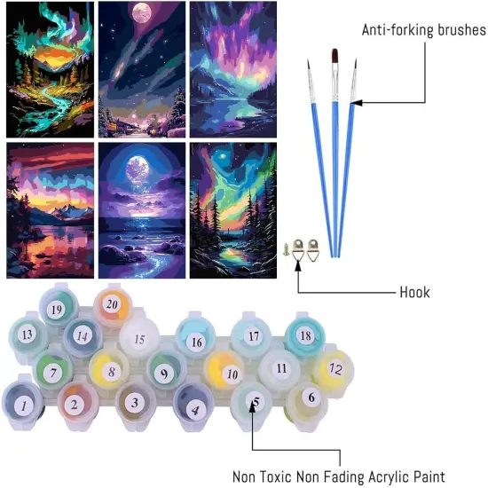 6 Pack Paint by Number Kit for Adults Beginner, Polar Lights Moon Landscape DIY Acrylic Painting Paint by Numbers Kits on Canvas for Gift Home Wall Decor 10x14inch {2}