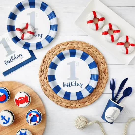 144-Piece Baby First Birthday Decorations and Tableware Sets - Nautical Blue (Serves 24) {2}