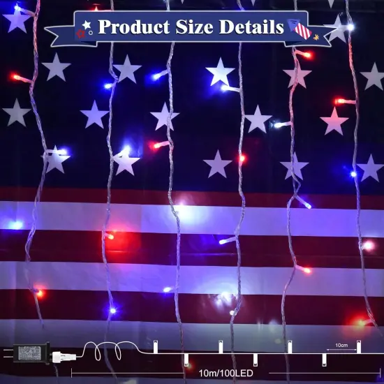 Red White and Blue Lights Outdoor, 32ft 100 LED Patriotic String Lights for 4th of July, Memorial Day, Independence Day Decor, 8 Modes Timer Waterproof Connectable {5}