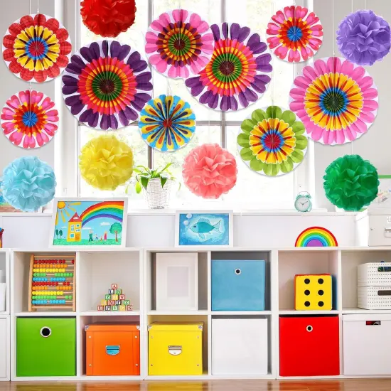 21 Pcs Summer Flower Hanging Paper Fans Flower Paper Fans Classroom Decorations Summer Tissue Pom Poms {4}