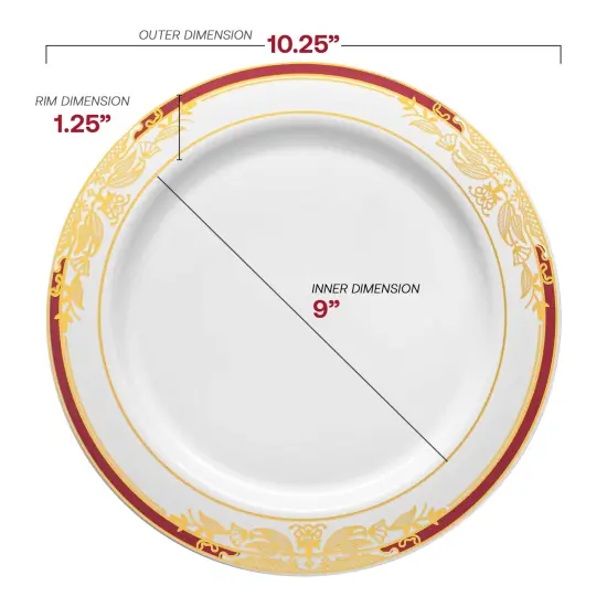 White with Burgundy and Gold Harmony Rim Plastic Dinnerware Value Set (120 Guests) {3}