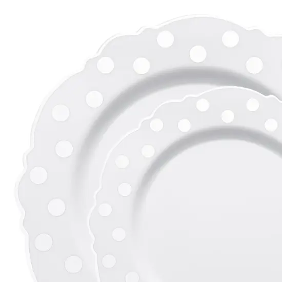 White with Silver Dots Round Blossom Disposable Plastic Dinnerware Value Set (120 Guests) {1}
