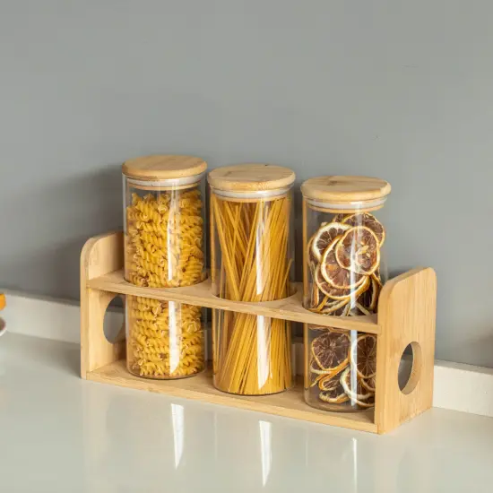 Basicwise 3 Pcs 30oz Glass Jars with Bamboo Shelf for Storing Ground Coffee, Sugar, Beans and Grains, Airtight Canisters for Nuts, Pasta, Flour and Tea Bags - Ideal for Kitchen and Pantry Organization {2}