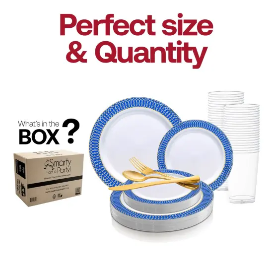 White with Gold Spiral on Blue Rim Plastic Wedding Value Set (60 Settings) {3}