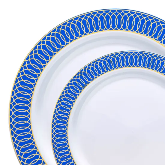 White with Gold Spiral on Blue Rim Plastic Dinnerware Value Set (120 Guests) {1}