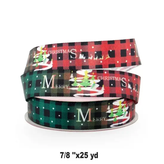 1 Roll Narrow Satin Holiday Ribbon 7/8" x 25 Yards Festive Christmas Ribbon Christmas Plaid {1}
