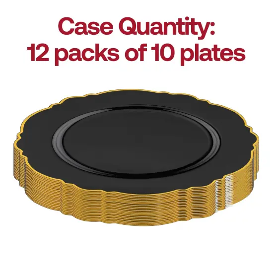 Black with Gold Rim Round Blossom Disposable Plastic Appetizer/Salad Plates - 7.5" (120 Plates) {4}