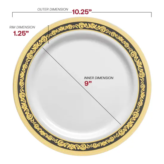 White with Black and Gold Royal Rim Plastic Dinner Plates - 10.25" (120 Plates) {3}