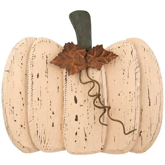 Northlight Rustic Wooden Fall Harvest Pumpkin with Leaves and Stem - 15" Beige {3}