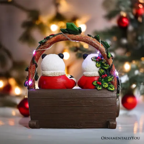 Nostalgic Panda Duo Festive Lighted Figurine, 6" LED Christmas Bear Statue {5}