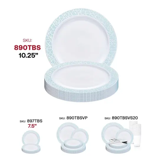 White with Turquoise Blue and Silver Mosaic Rim Round Plastic Dinner Plates - 10.25" (120 Plates) {6}