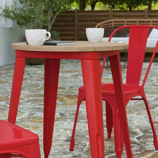 Merrick Lane Dryden Indoor/Outdoor Dining Table, 23.75" Round All Weather Poly Resin Top with Steel Base Brown Top/Red Frame {6}