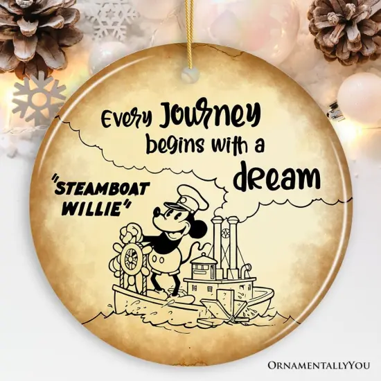 Every Journey Begins With a Dream Quote Ornament, Vintage Steamboat Willie Christmas Keepsake {1}