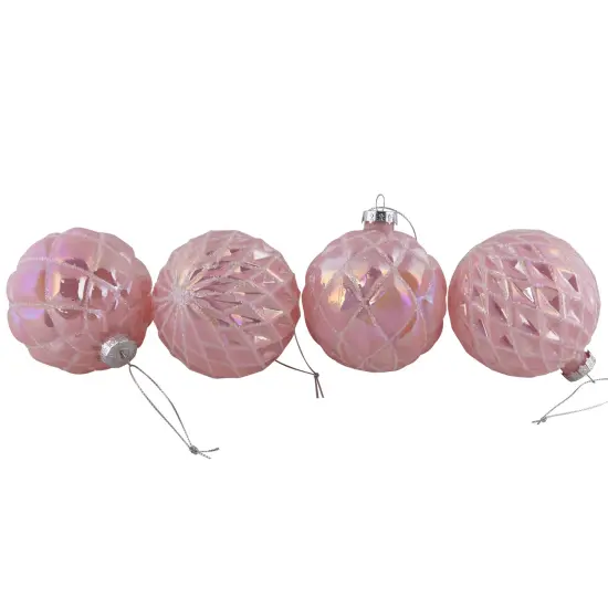 Northlight Glittered Geometric Iridescent Glass Ball Christmas Ornaments - 3" (80mm) - Pink- 4ct {5}