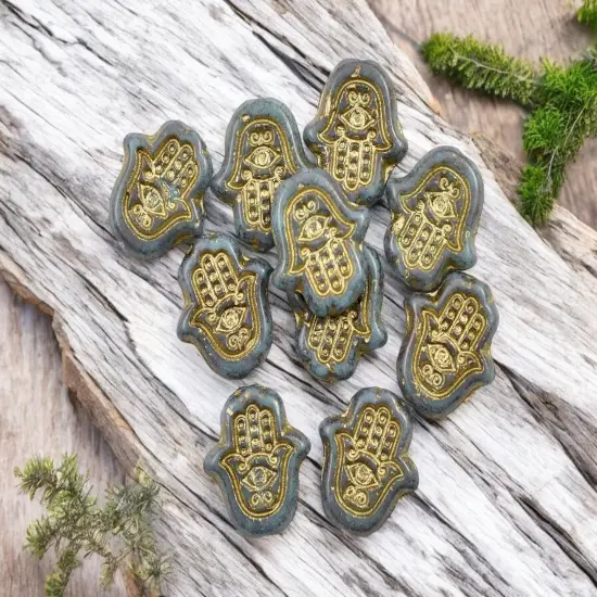 *10* 15x10mm Gold Washed Teal Hamsa Hand Beads {1}