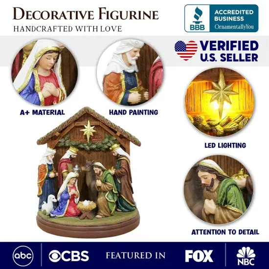 Radiant Nativity Scene Handcrafted Statue Figurine, 7" Birth of Jesus Christian Home Decoration {2}