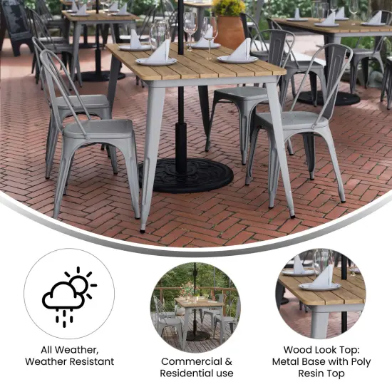 Merrick Lane Dryden Indoor/Outdoor Dining Table with Umbrella Hole, 30" x 60" All Weather Poly Resin Top and Steel Base BrownTop/SilverFrame {4}