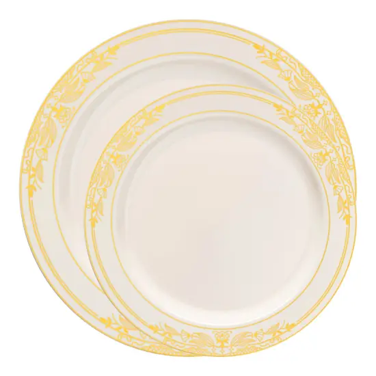 Ivory with Gold Harmony Rim Plastic Dinnerware Value Set (120 Guests) {2}