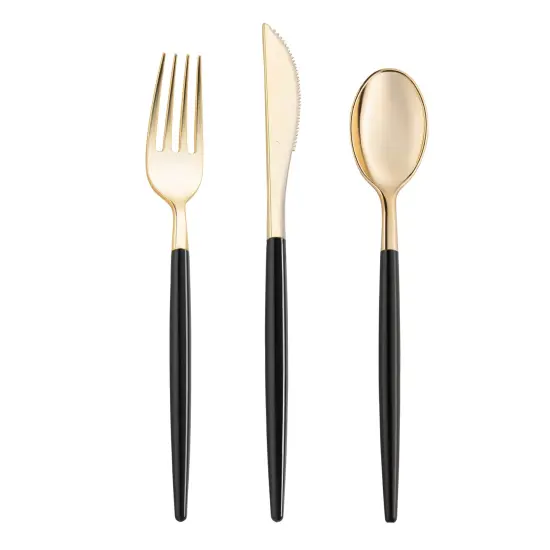 Gold with Black Handle Moderno Disposable Plastic Cutlery Set (240 Guests) {1}